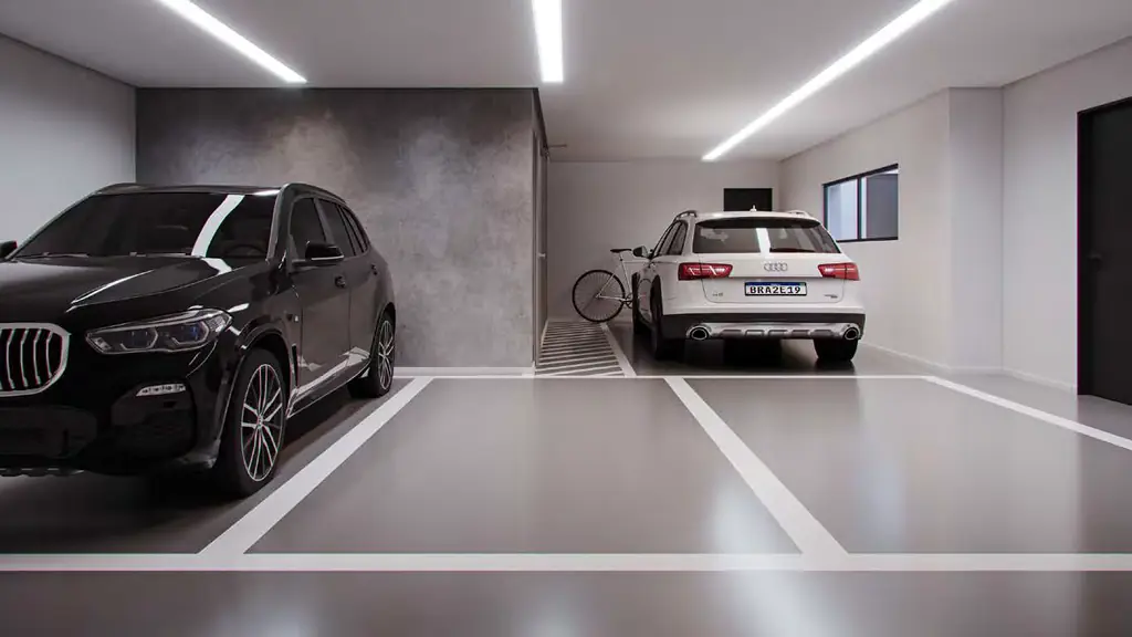 Perspectiva da garagem com quatro vagas