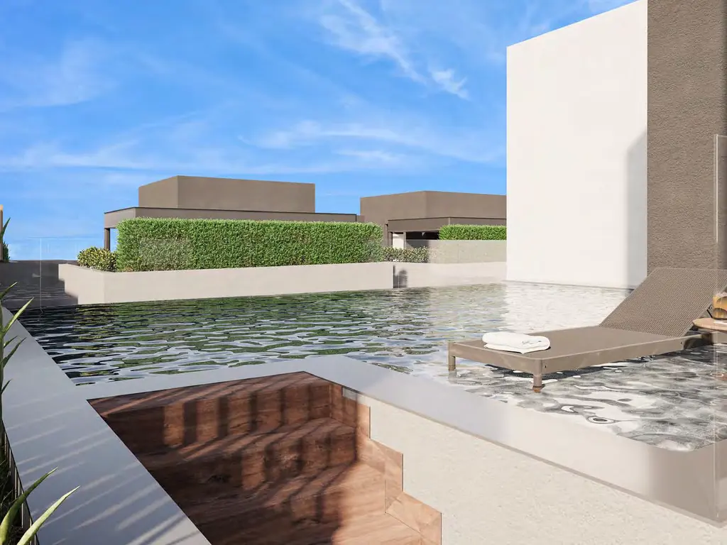 Perspectiva da piscina de borda infinita no rooftop